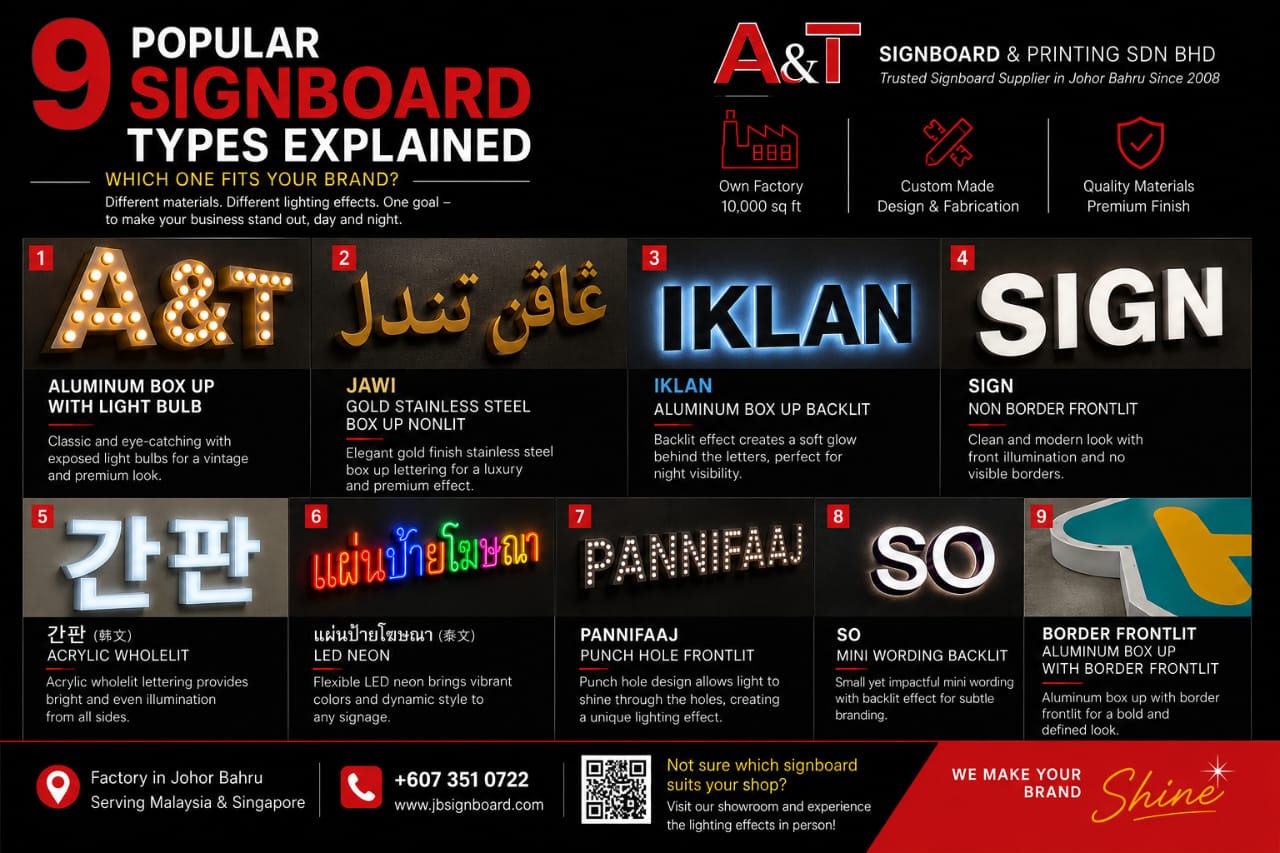 A&T Sign Types — Material and Lighting Guide: 9 signboard types including frontlit, backlit, wholelit, LED neon, stainless steel and more