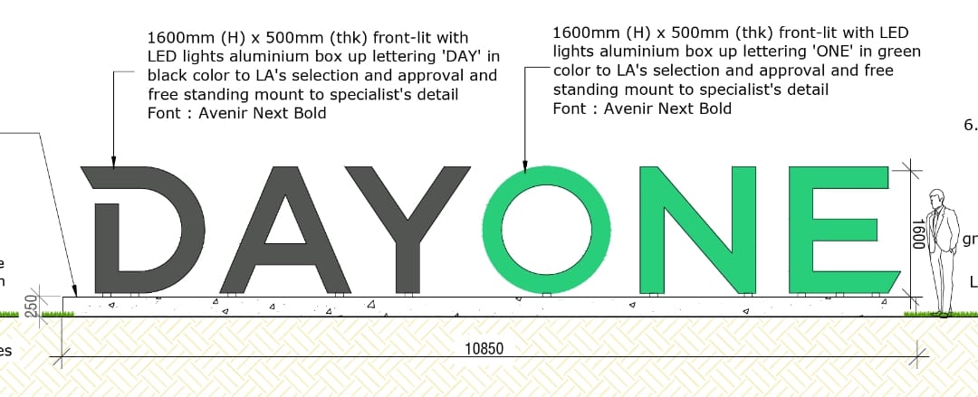 DAYONE data centre signage shop drawing 1600mm height 500mm depth 10850mm span Nusajaya JB