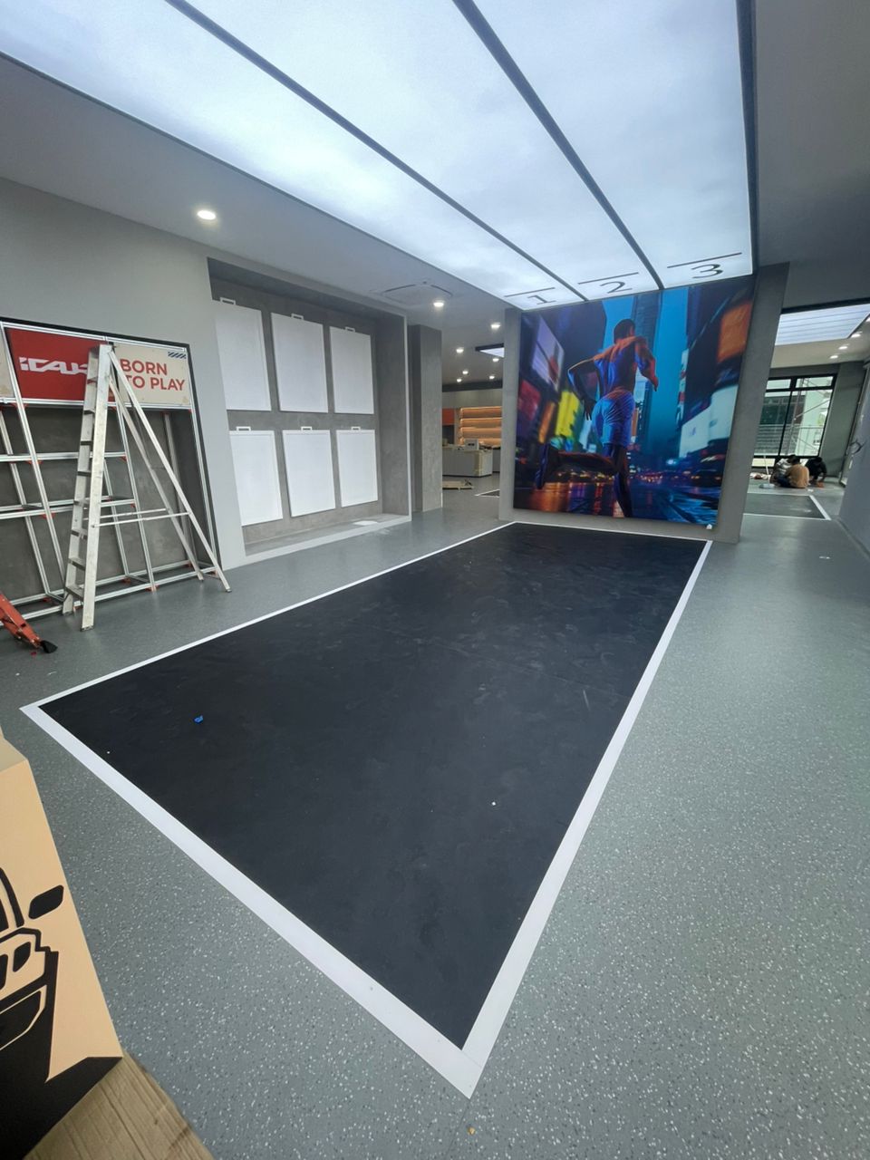 iCAR Kluang showroom ceiling fabric lightbox, wall mural and floor graphic Johor